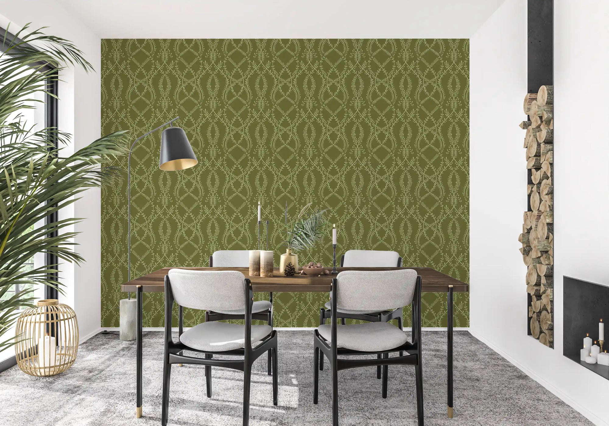 Sage laurel trellis botanical wallpaper with olive green vine motifs in dining room GD10832