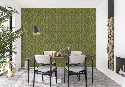 Sage laurel trellis botanical wallpaper with olive green vine motifs in dining room GD10832