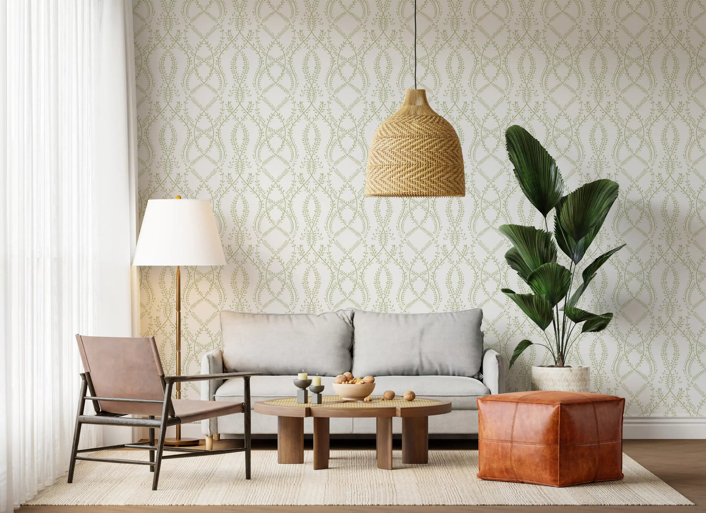 Sage Green Botanical Vine Trellis Wallpaper Wallpaper⁠