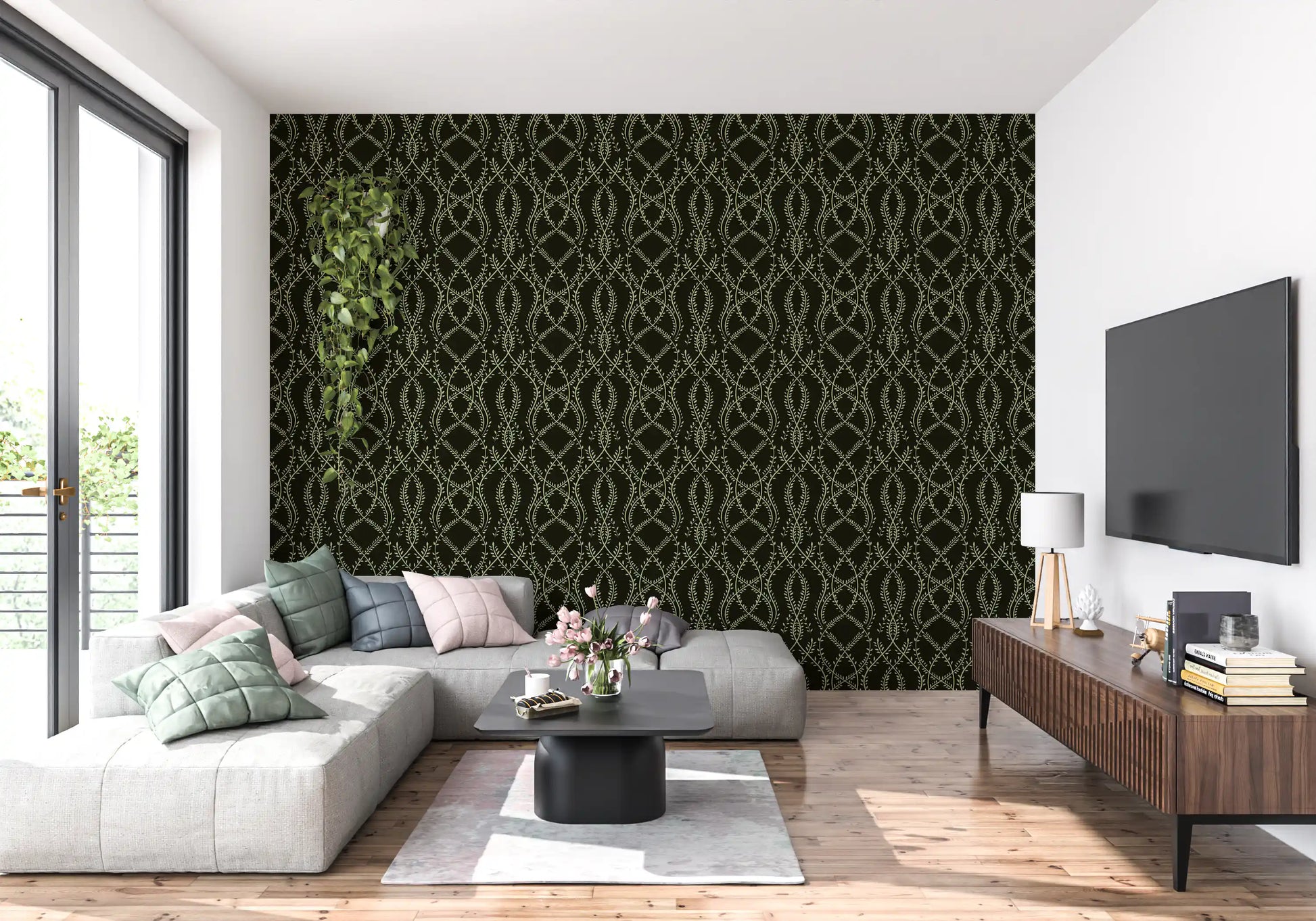Midnight Sage Interlocking Vine Wallpaper Wallpaper⁠