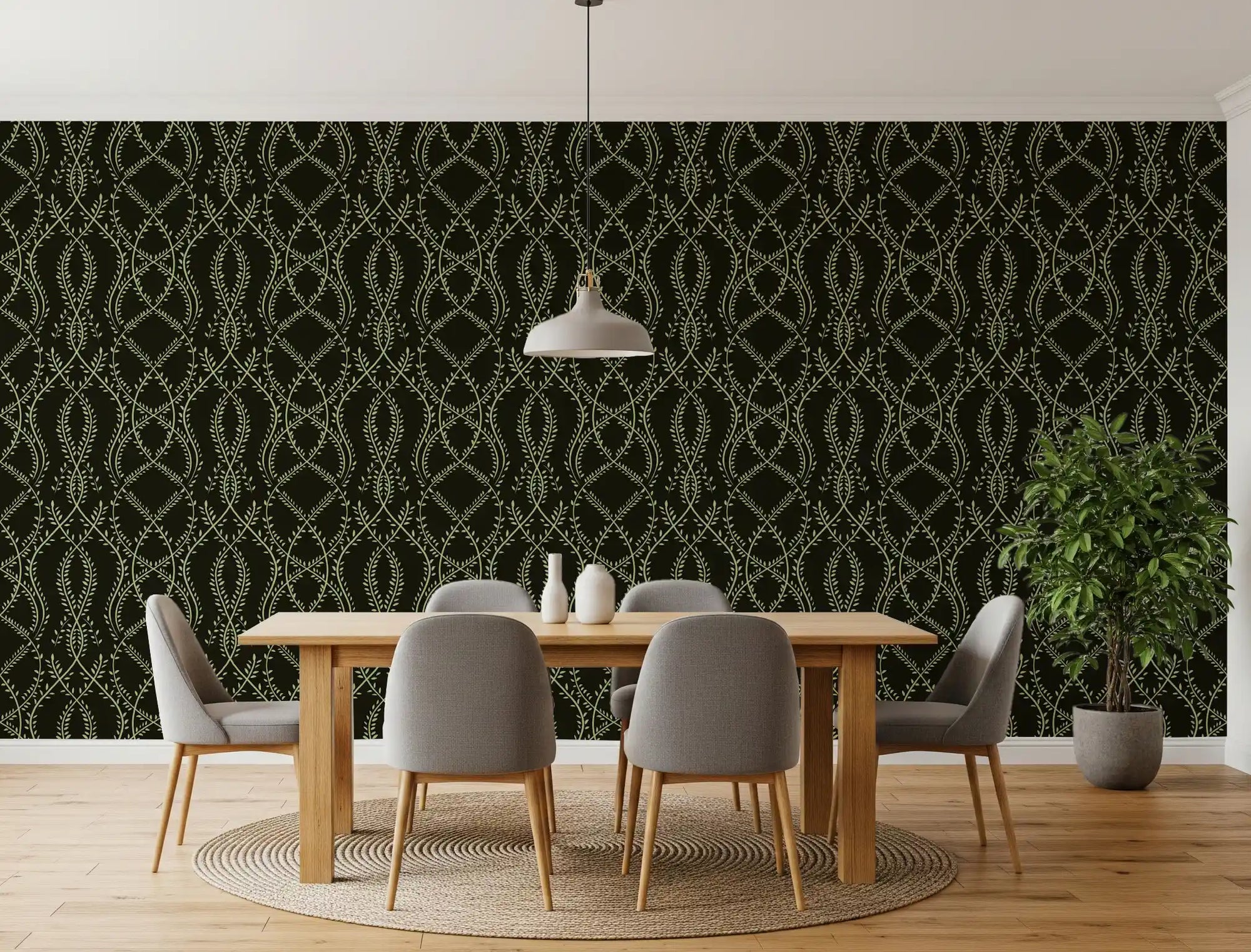 Midnight sage interlocking vine wallpaper with pale green motifs in dining room GD10834