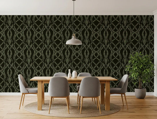 Midnight sage interlocking vine wallpaper with pale green motifs in dining room GD10834