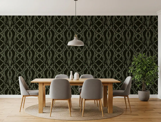 Midnight sage interlocking vine wallpaper with pale green motifs in dining room GD10834