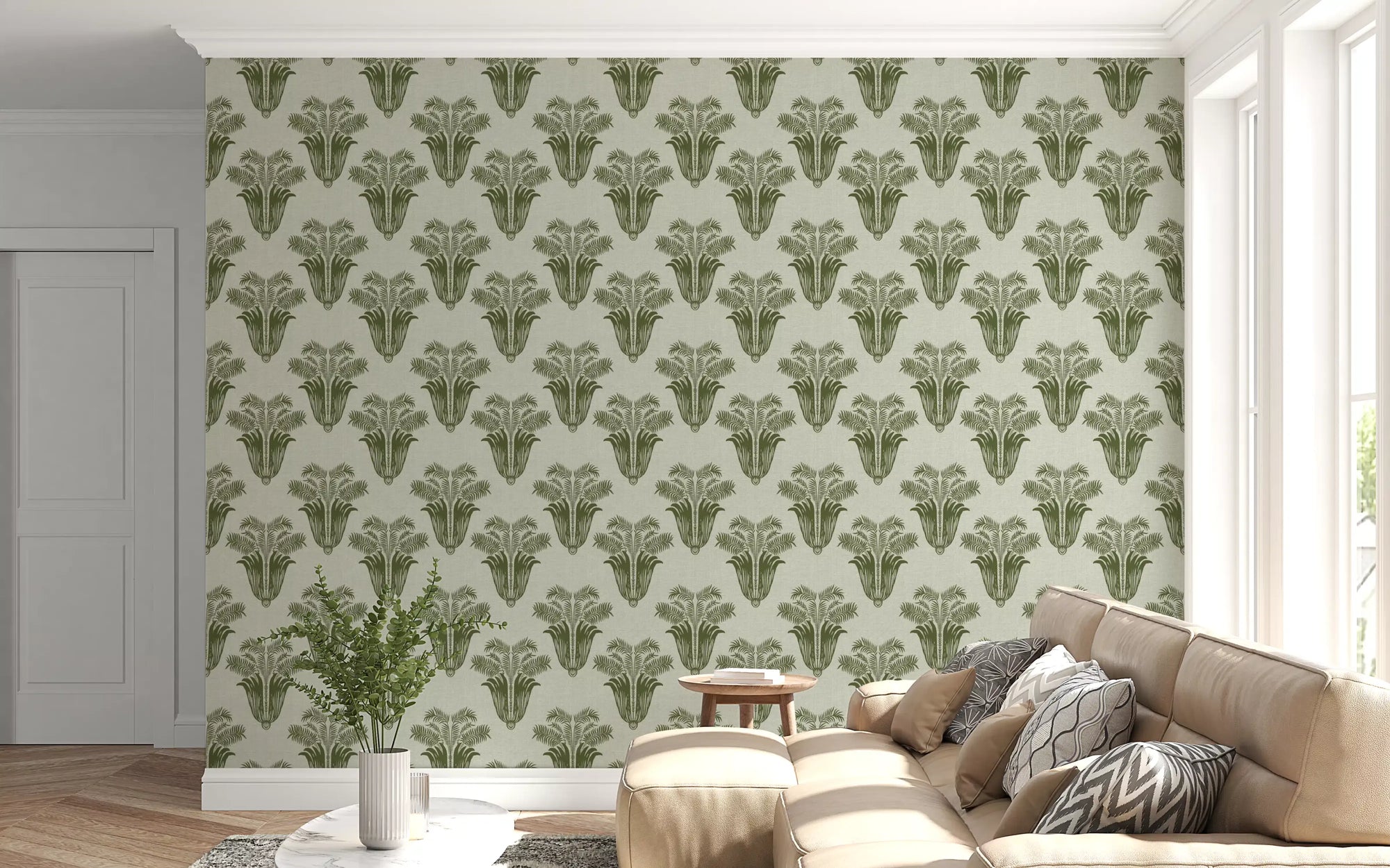 Symmetrical sage green palm frond clusters on beige textured wallpaper GD10835 