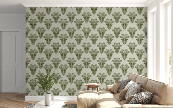 Symmetrical sage green palm frond clusters on beige textured wallpaper GD10835 