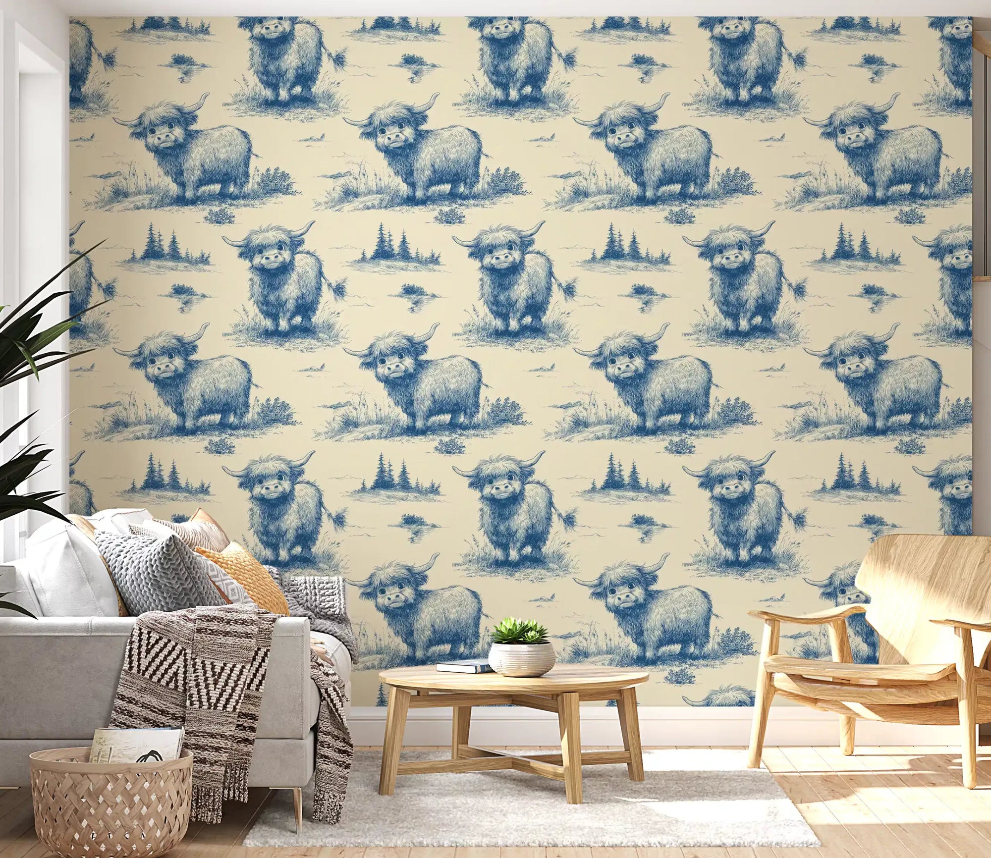 Blue toile highland cow wallpaper with shaggy fur and curved horns on cream ground GD10837 