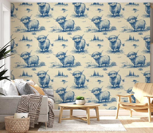 Blue toile highland cow wallpaper with shaggy fur and curved horns on cream ground GD10837 