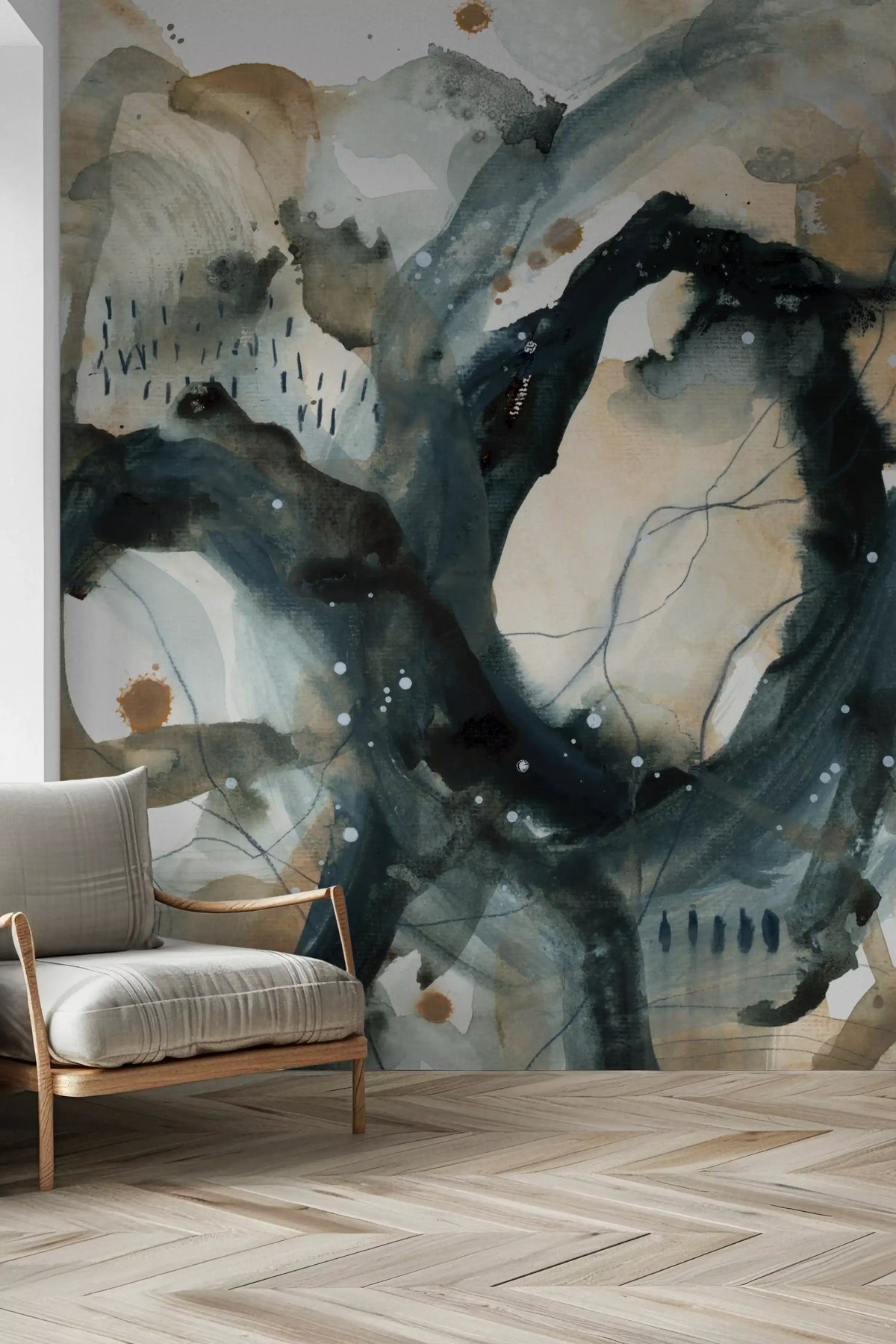 Abstract ink wash mural with sweeping navy brushstrokes in hallway GD10847