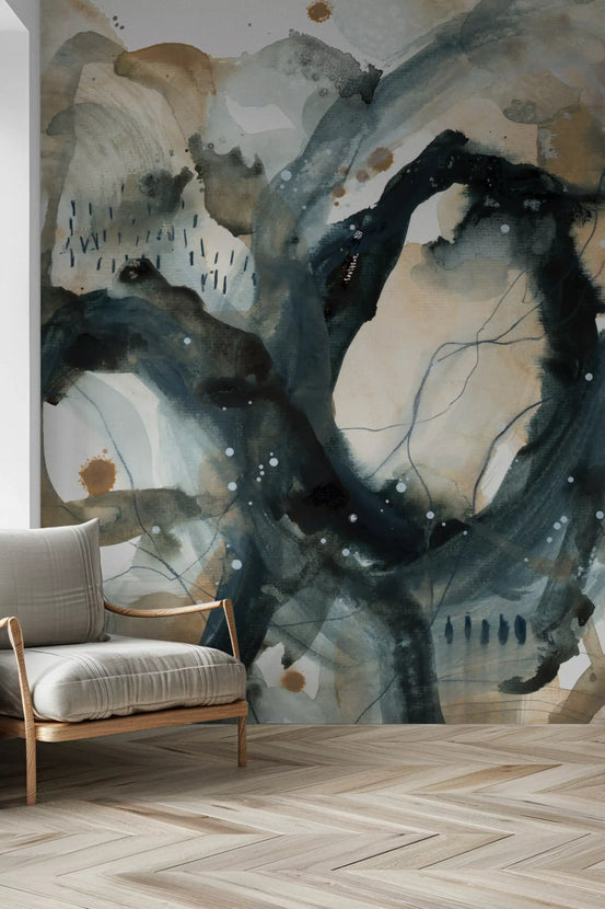 Abstract ink wash mural with sweeping navy brushstrokes in hallway GD10847