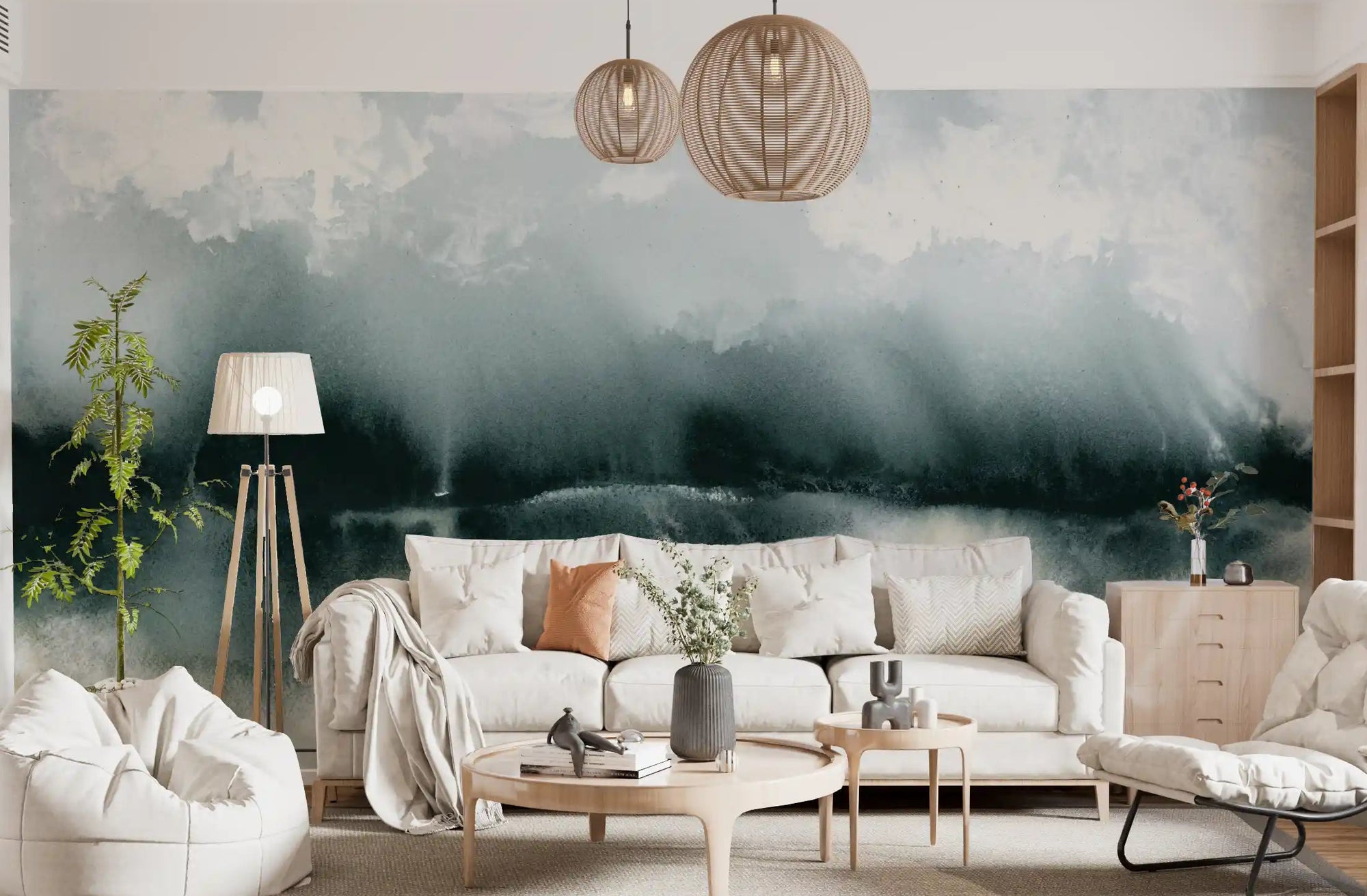 Grey and charcoal watercolour landscape mural with misty horizon tones in living room GD10849