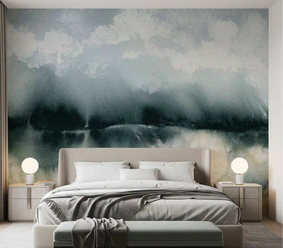 Grey and charcoal watercolour abstract wall mural with misty horizon tones in bedroom GD10850 