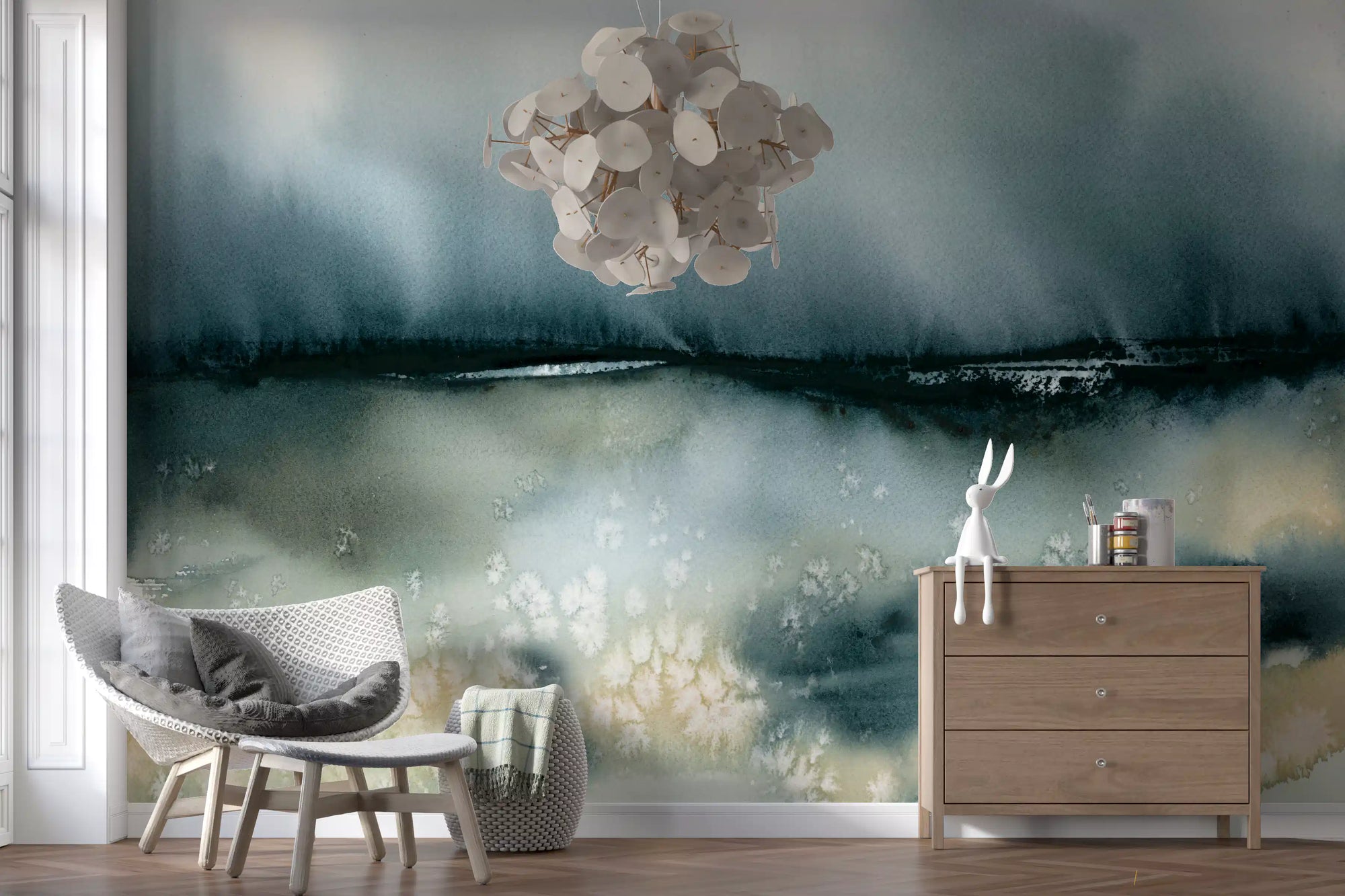Grey-blue watercolour wall mural with stormy sky and cream meadow foreground in hallway GD10851 