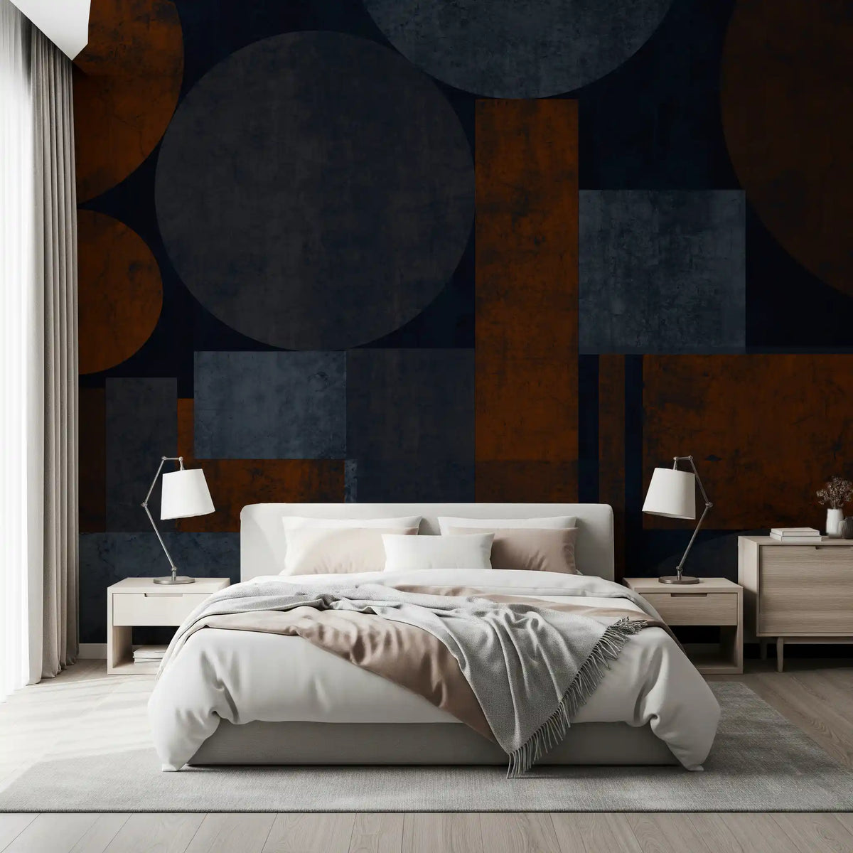 Rust and charcoal geometric wall mural with overlapping circles and rectangles in bedroom GD10853