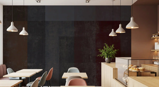 Dark brown charcoal and burgundy geometric block wall mural with concrete texture in cafe GD10855