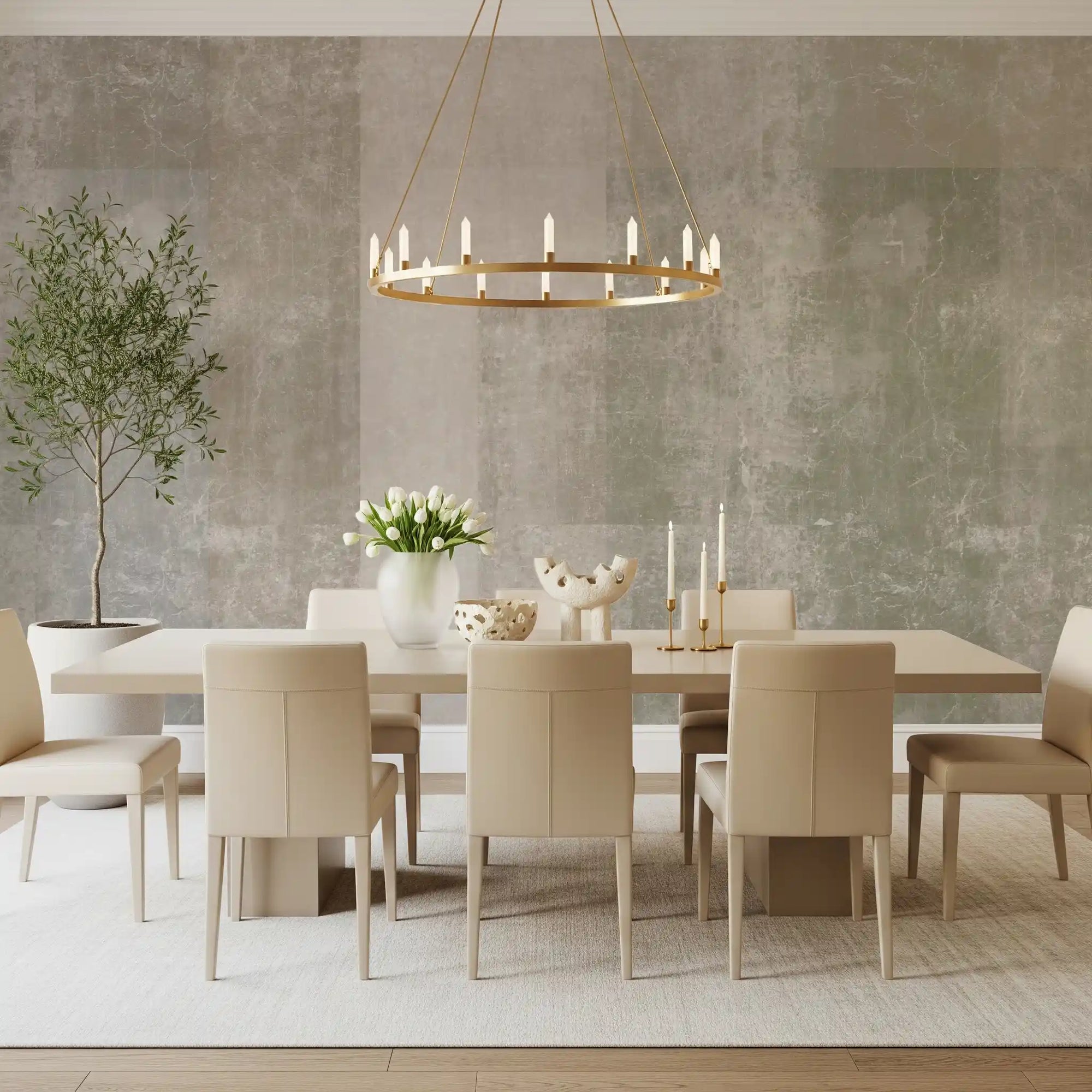 Muted concrete geometric abstract wall mural in grey and beige tones in dining room  GD10856 