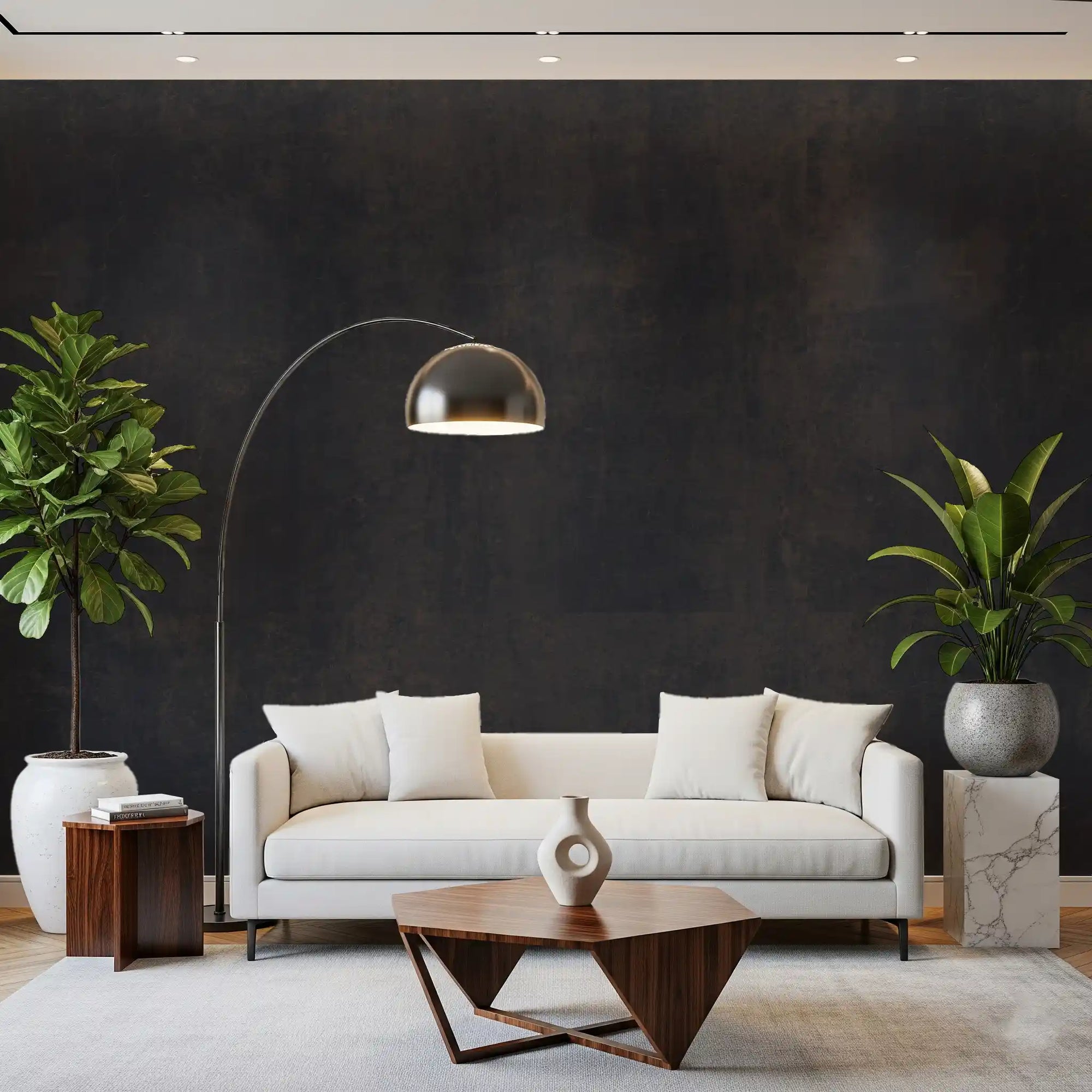Dark industrial concrete wall mural in charcoal and deep brown tones for living room GD10857