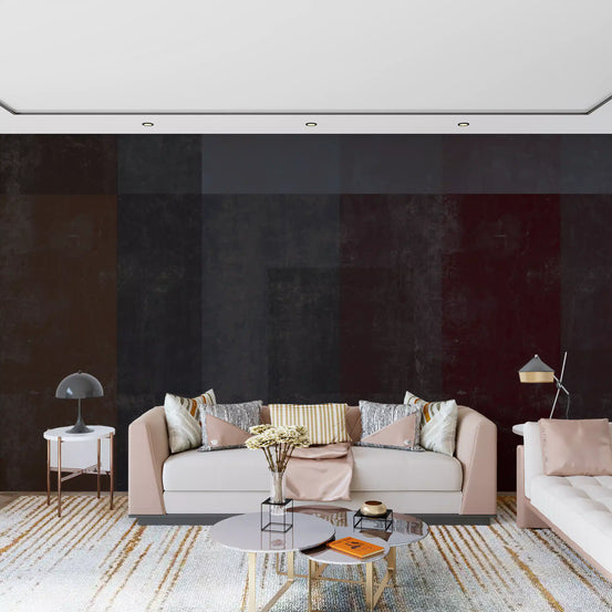 Crimson and charcoal plaster wall mural with dark geometric blocks in living room GD10858