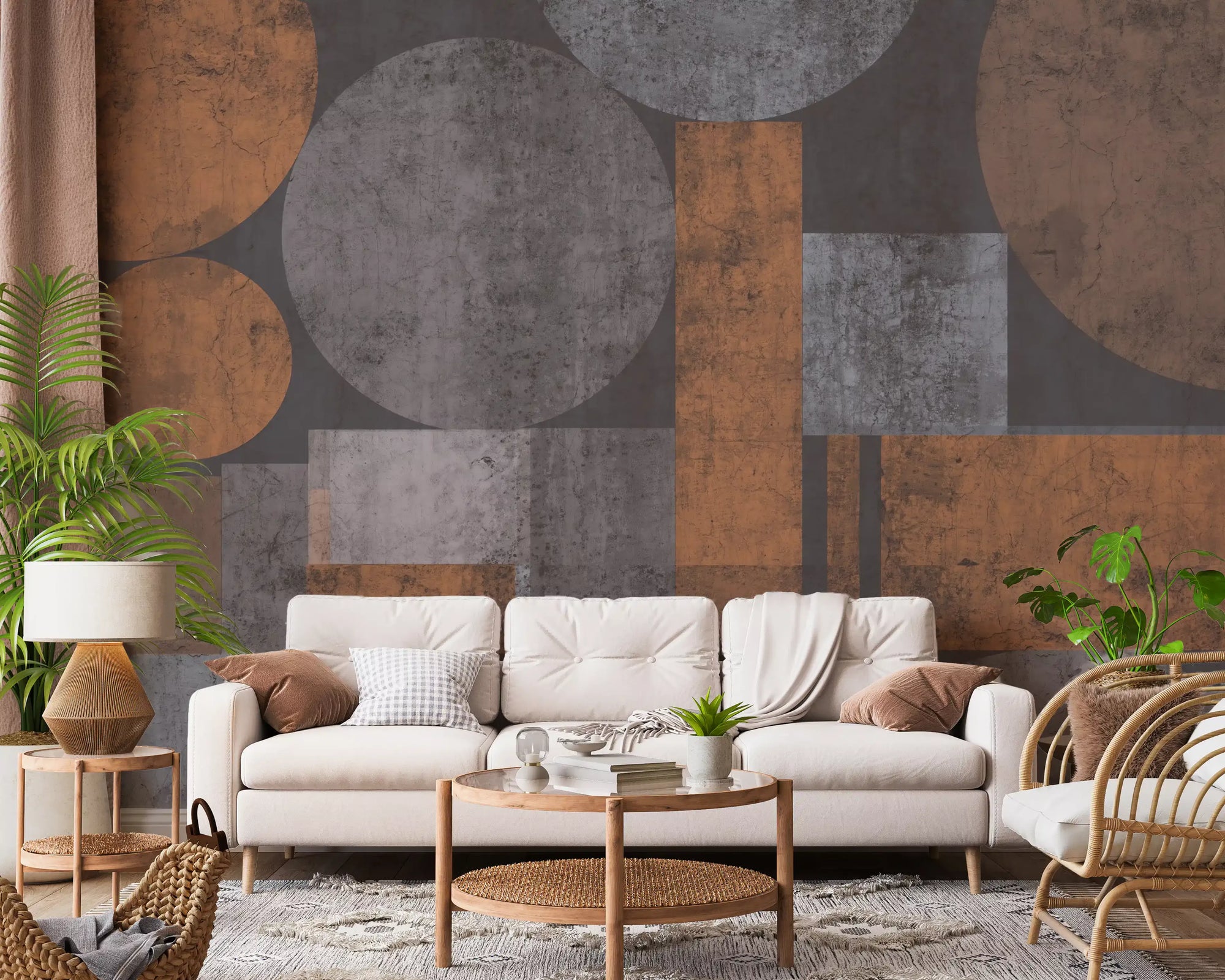 Brutalist shapes textured abstract wall mural in orange and grey for living room GD10859 