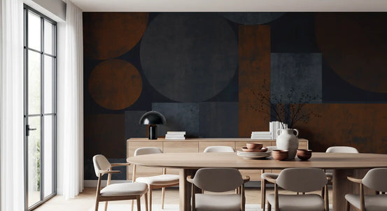 Earthy geometric rust orange circles and slate blue blocks mural in dining room GD10861 