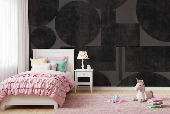 Industrial charcoal blocks and circles on weathered dark surface mural for kids room GD10862