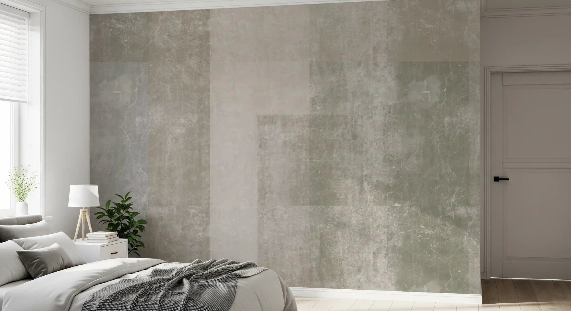 Muted beige sage and grey concrete geometric panels wallpaper in bedroom GD10863