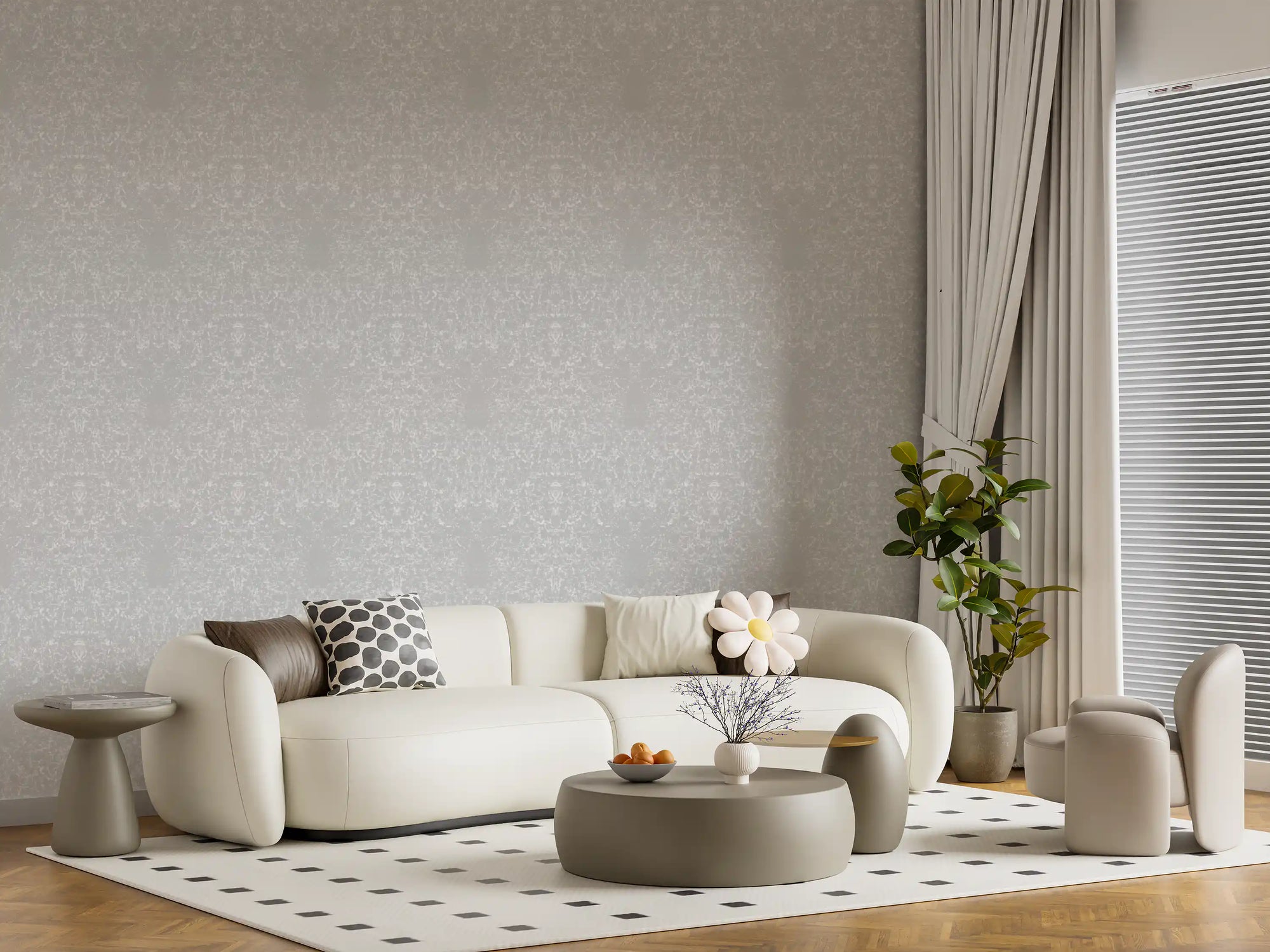 Soft alabaster plaster textured wallpaper with mottled grey and white surface in living room GD10865
