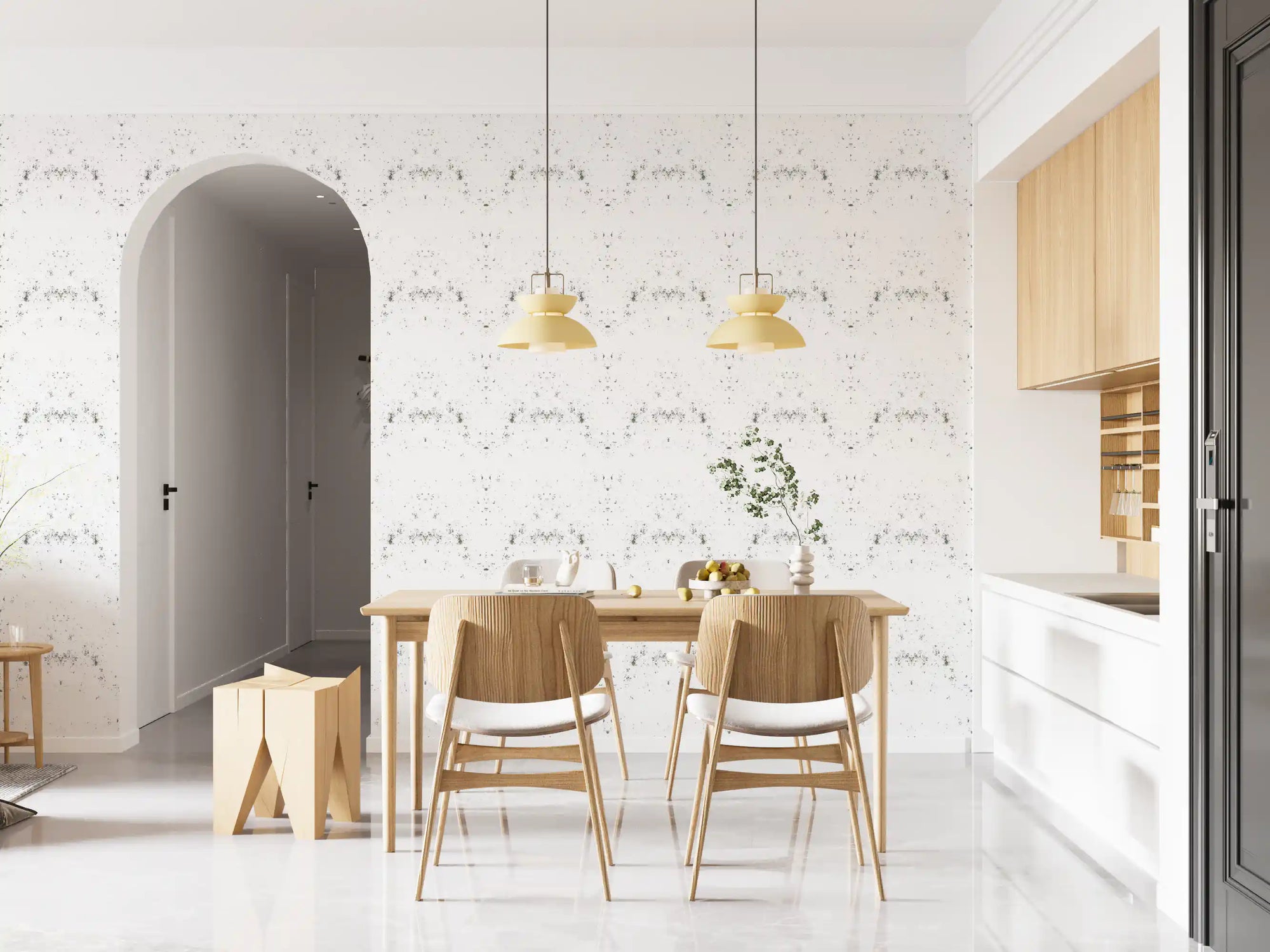 Industrial distressed white plaster wallpaper with scattered grey markings in dining room GD10866 