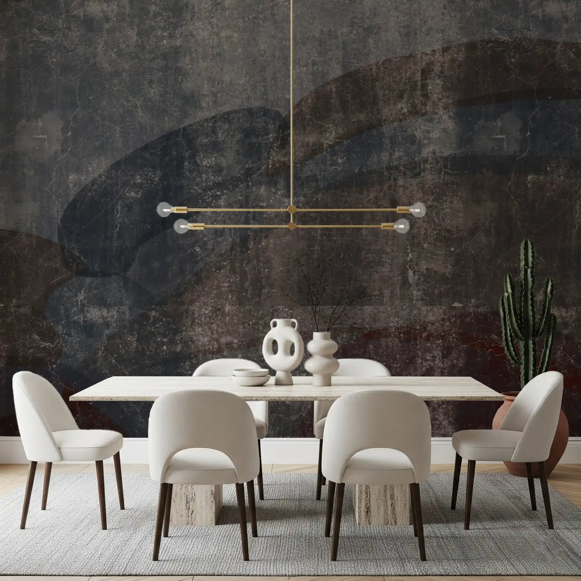 Weathered concrete mural surface with layered curves and distressed matte texture in dining room GD10869 
