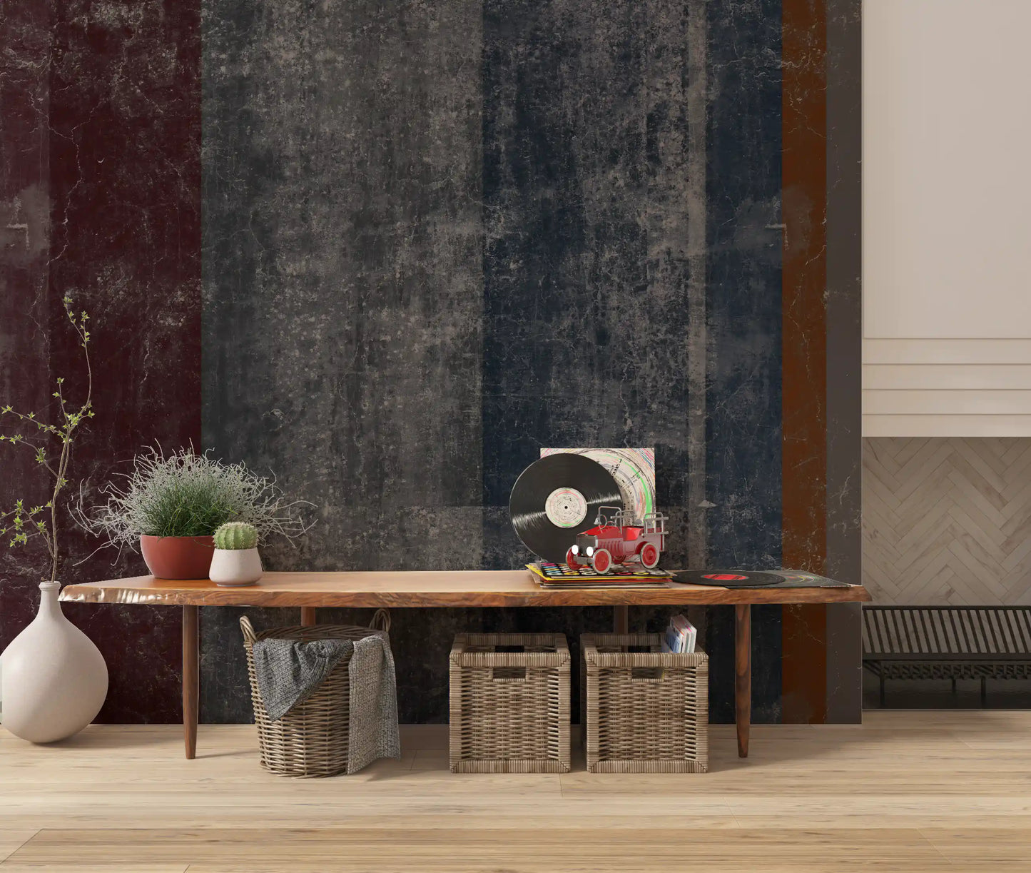 Distressed Concrete Block & Rust Stripe Wallpaper Wall Mural