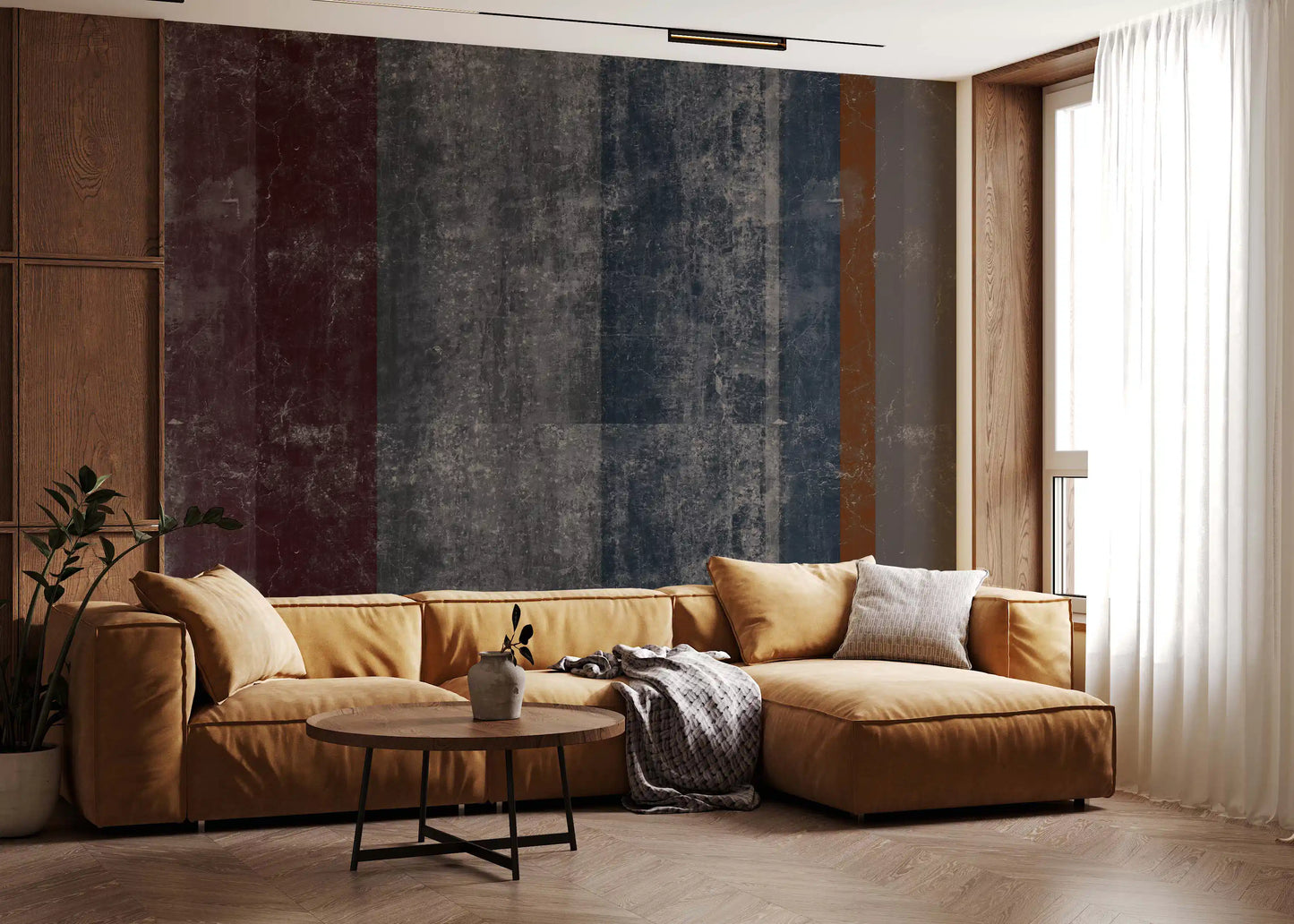 Distressed Concrete Block & Rust Stripe Wallpaper Wall Mural