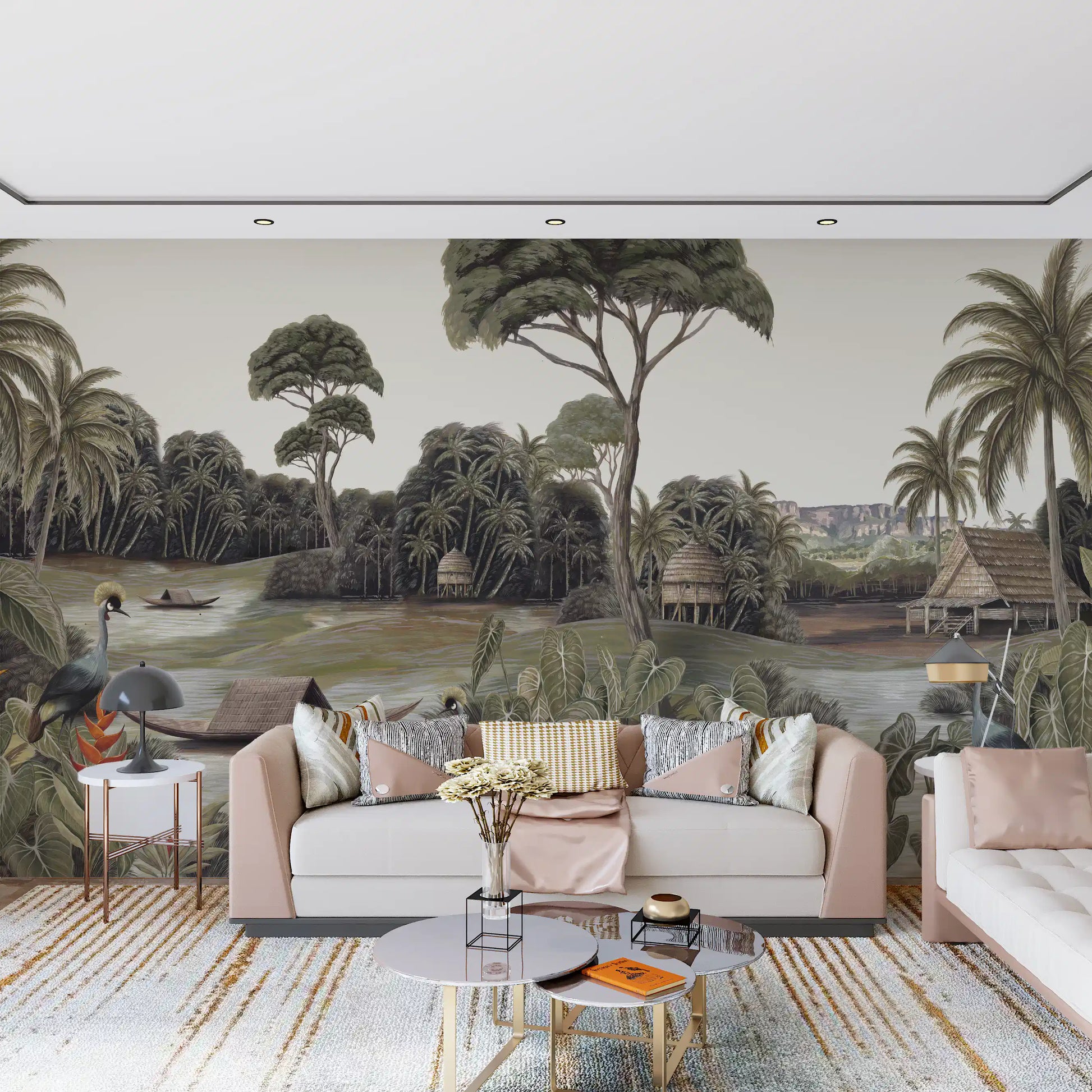 Vintage Exotic Tropical River and Cranes Wall Mural