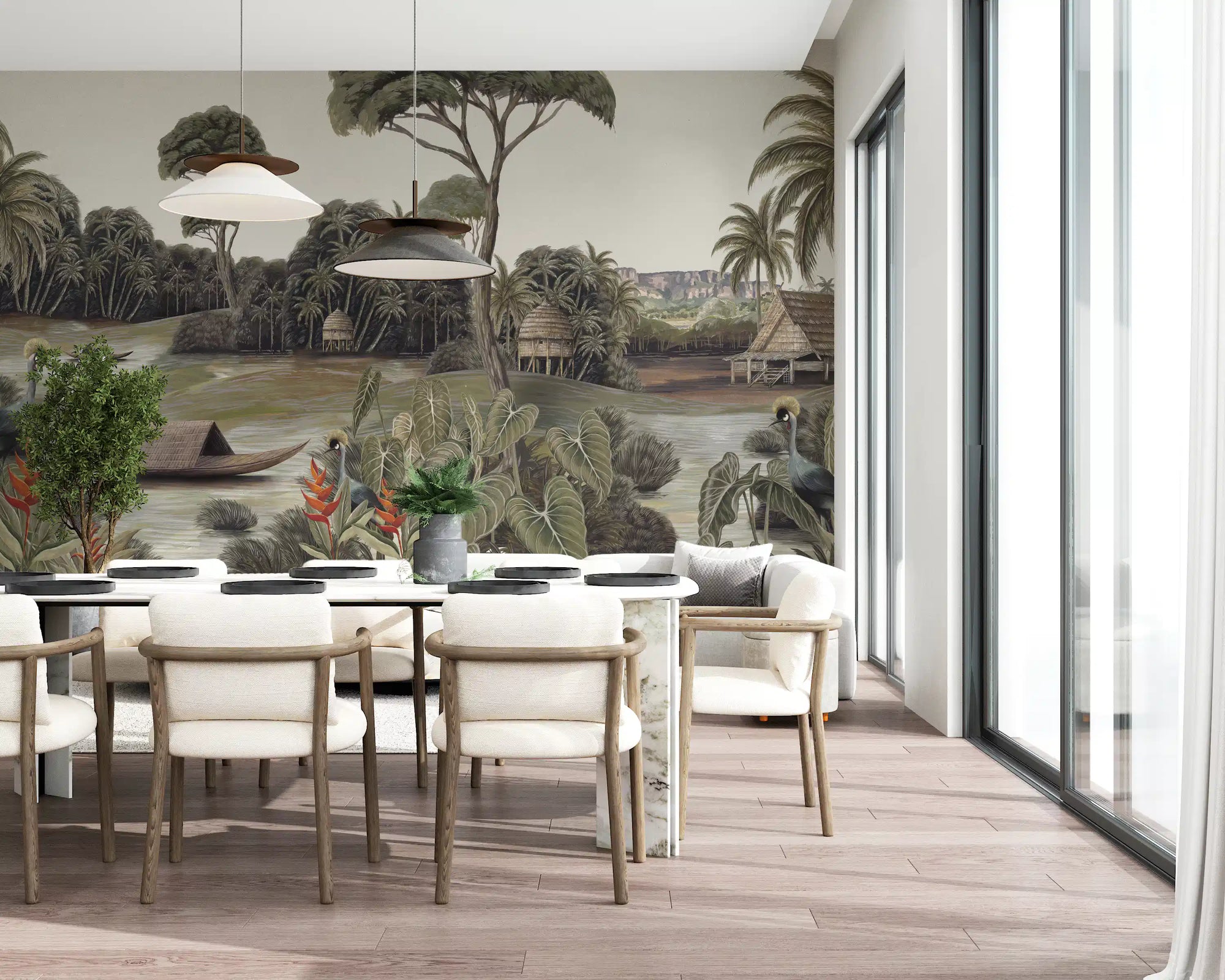 Sage green and olive tropical mural with wooden boats and stilt huts in dining room  GD10872