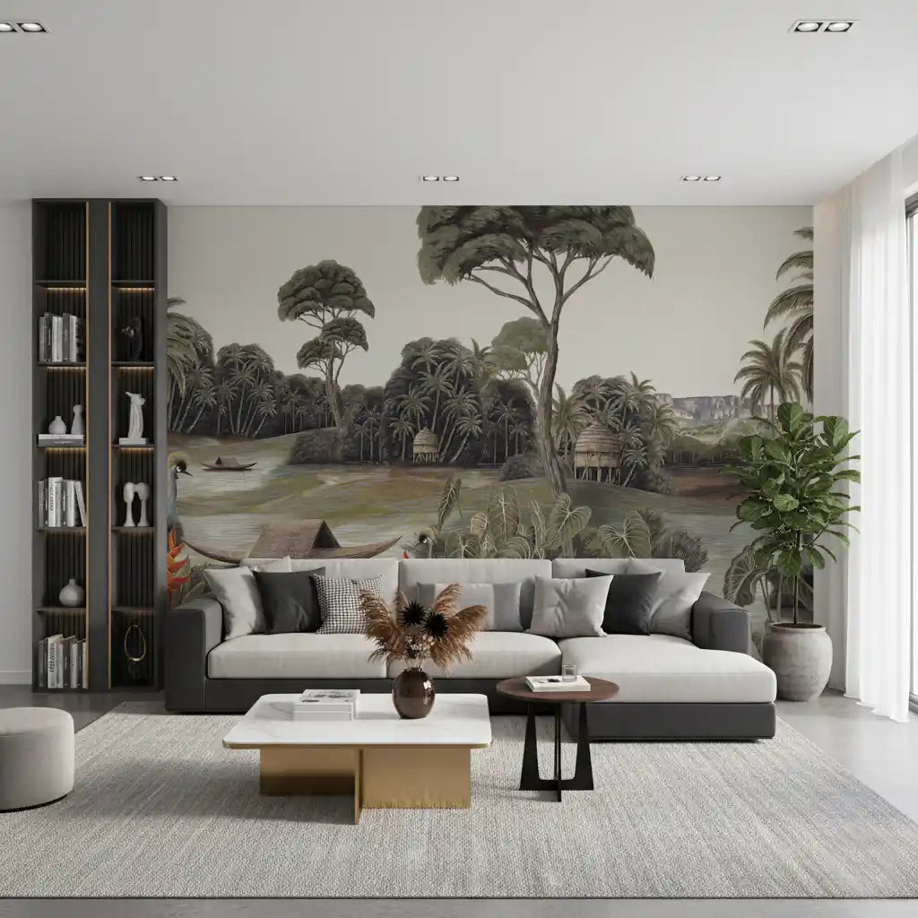 Vintage Exotic Tropical River and Cranes Wall Mural