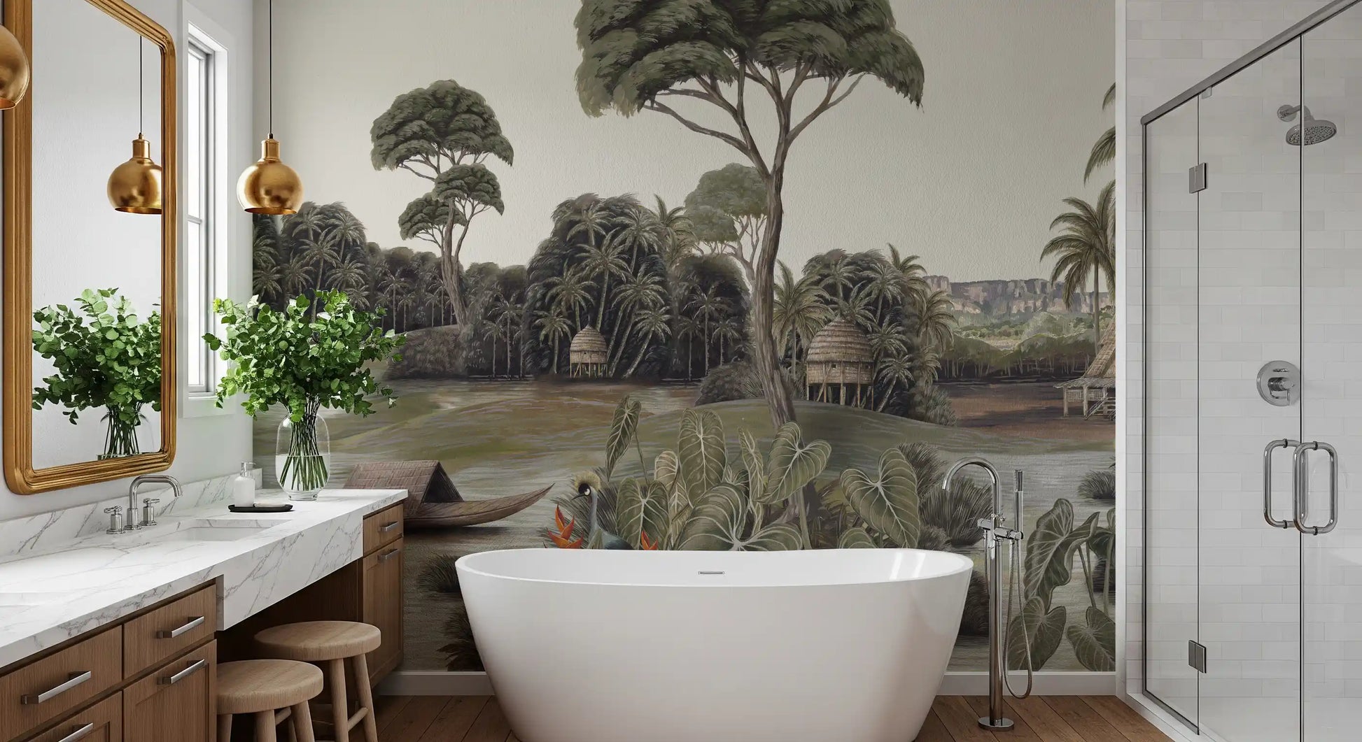 Vintage Exotic Tropical River and Cranes Wall Mural
