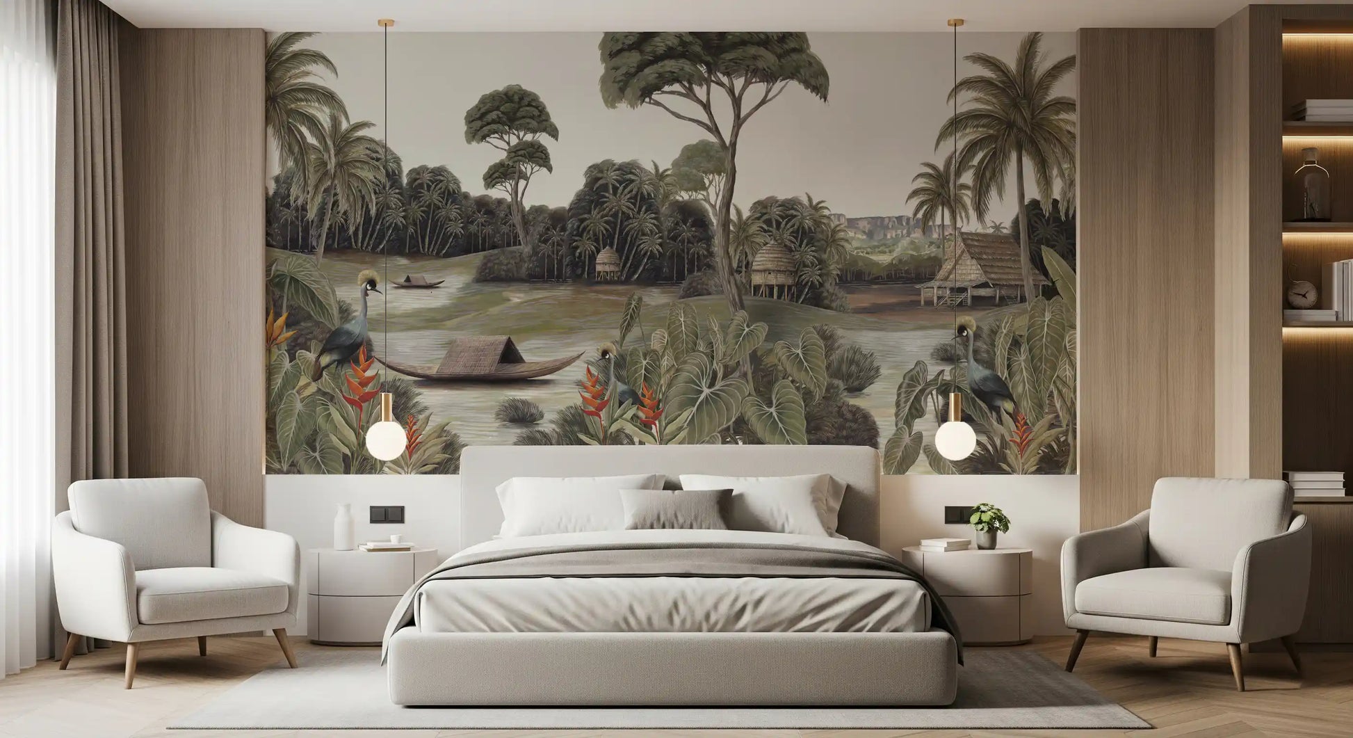 Vintage Exotic Tropical River and Cranes Wall Mural