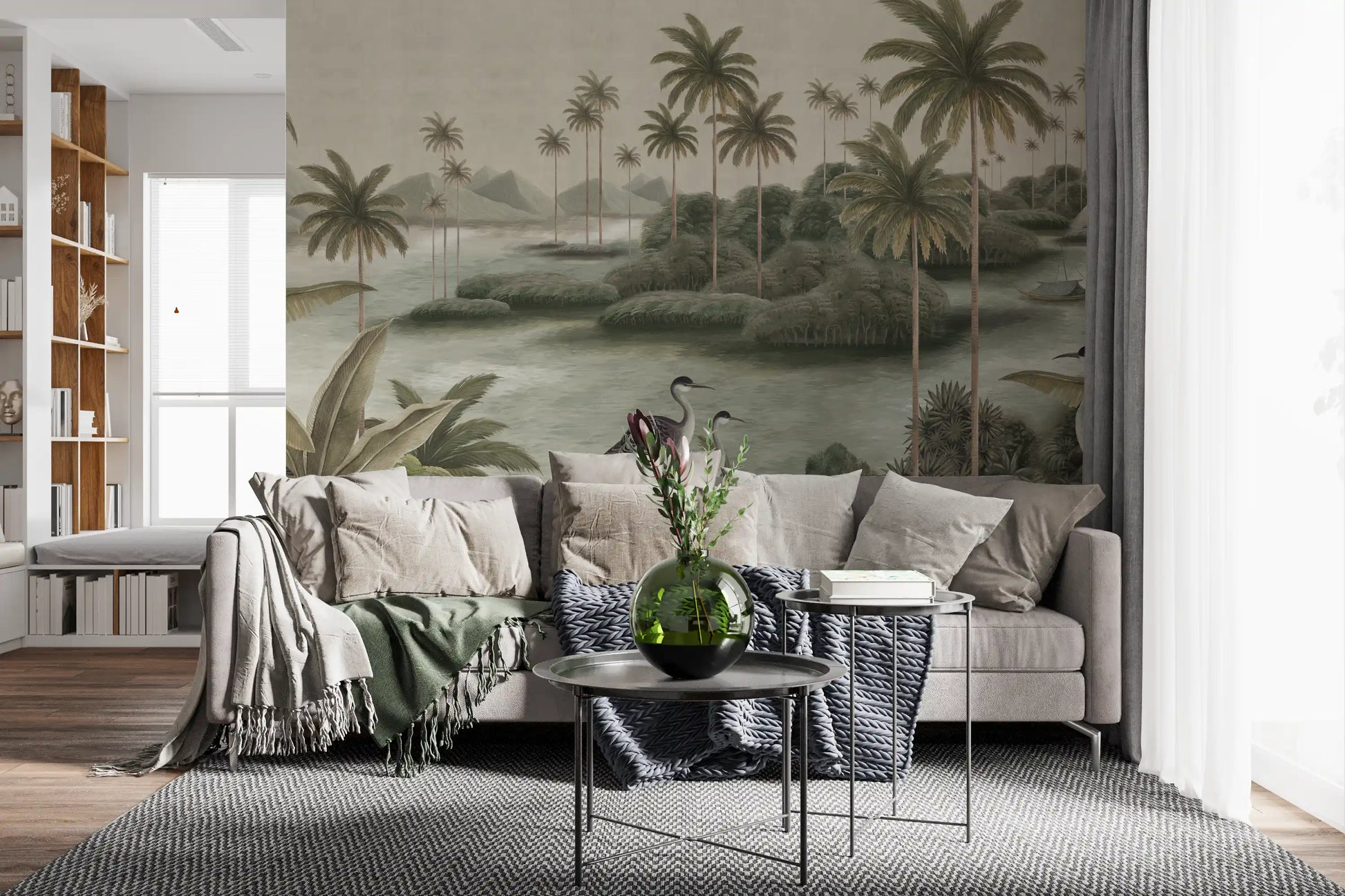 Chinoiserie Tropical Wetland Scenic Wall Mural