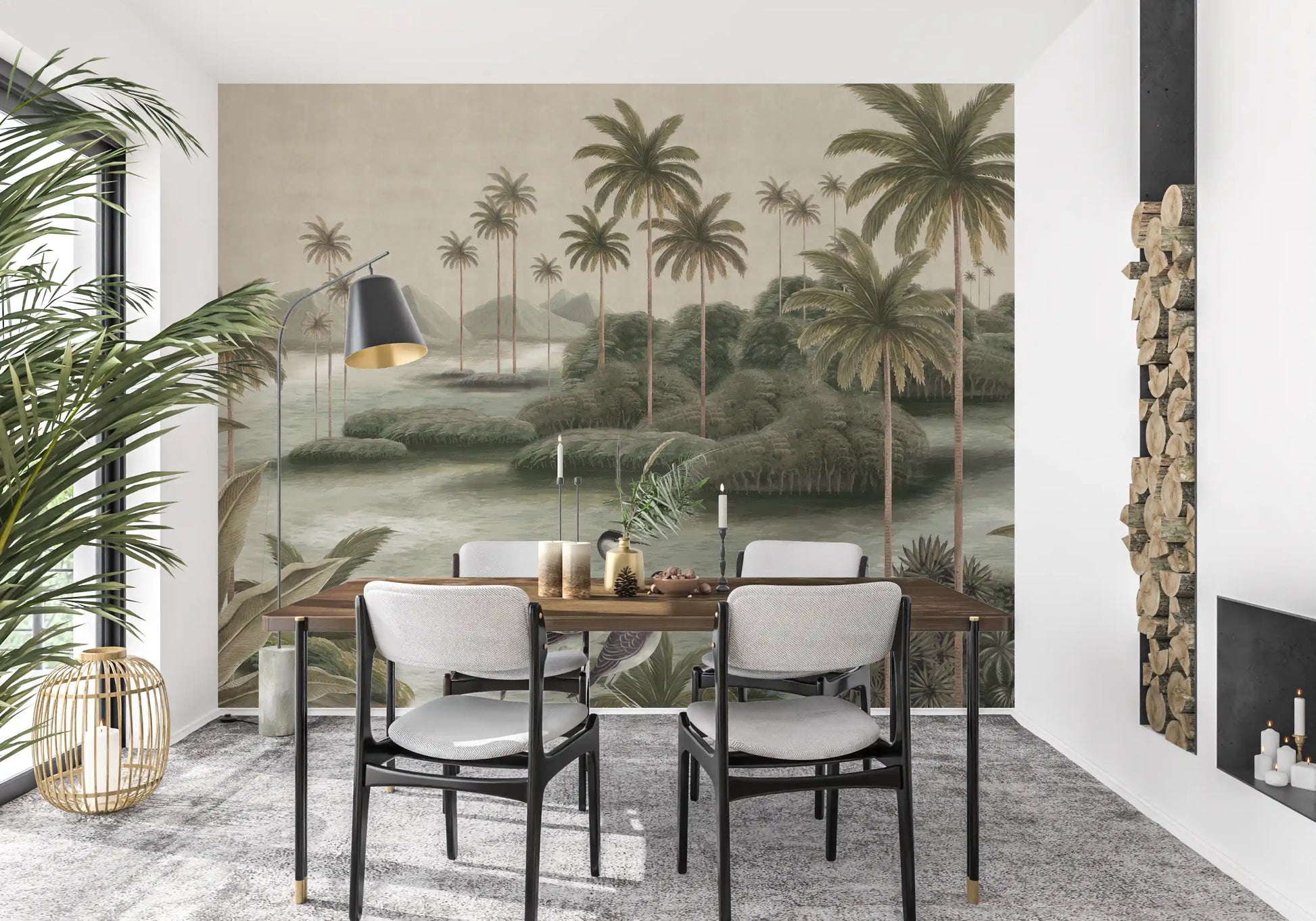 Chinoiserie Tropical Wetland Scenic Wall Mural
