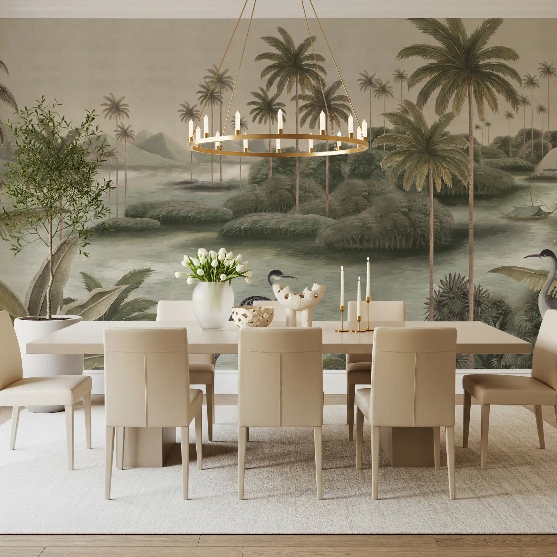Chinoiserie Tropical Wetland Scenic Wall Mural