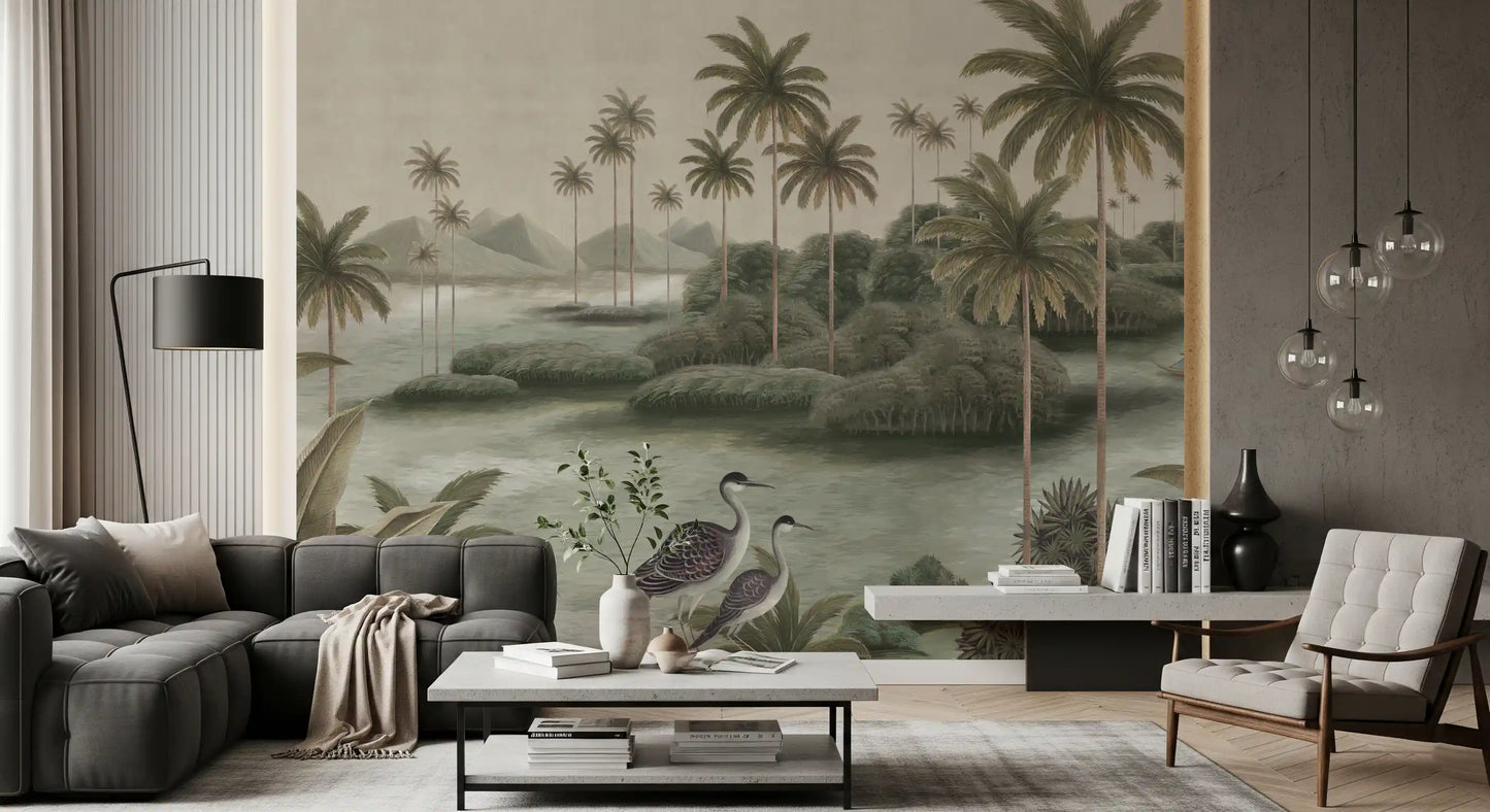 Chinoiserie Tropical Wetland Scenic Wall Mural
