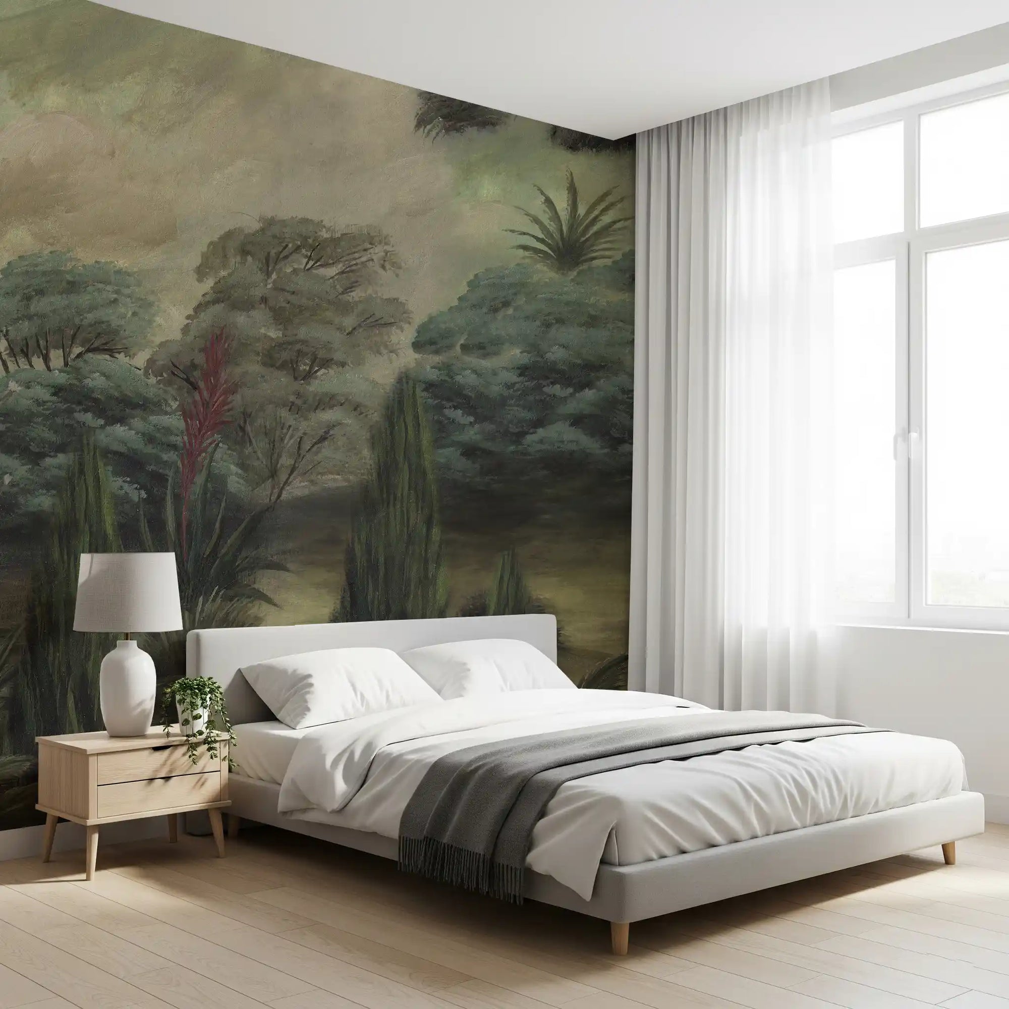 Misty Mediterranean forest mural with cypress trees and umbrella pines in bedroom GD10874