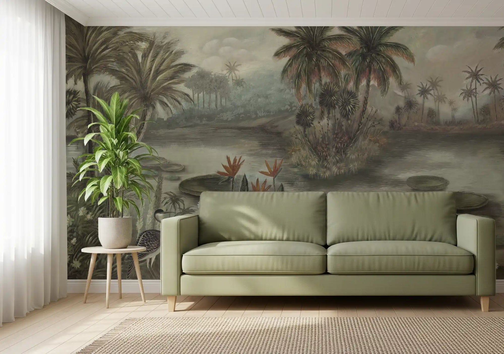 Vintage tropical lagoon mural with palms, herons and floating lily pads in living room GD10875 