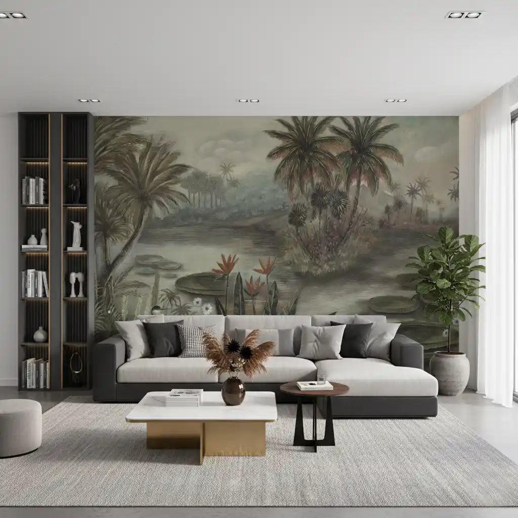 Vintage Tropical Lagoon Scenic Wall Mural