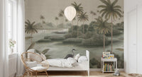 Vintage Chinoiserie Palm & Heron Wall Mural