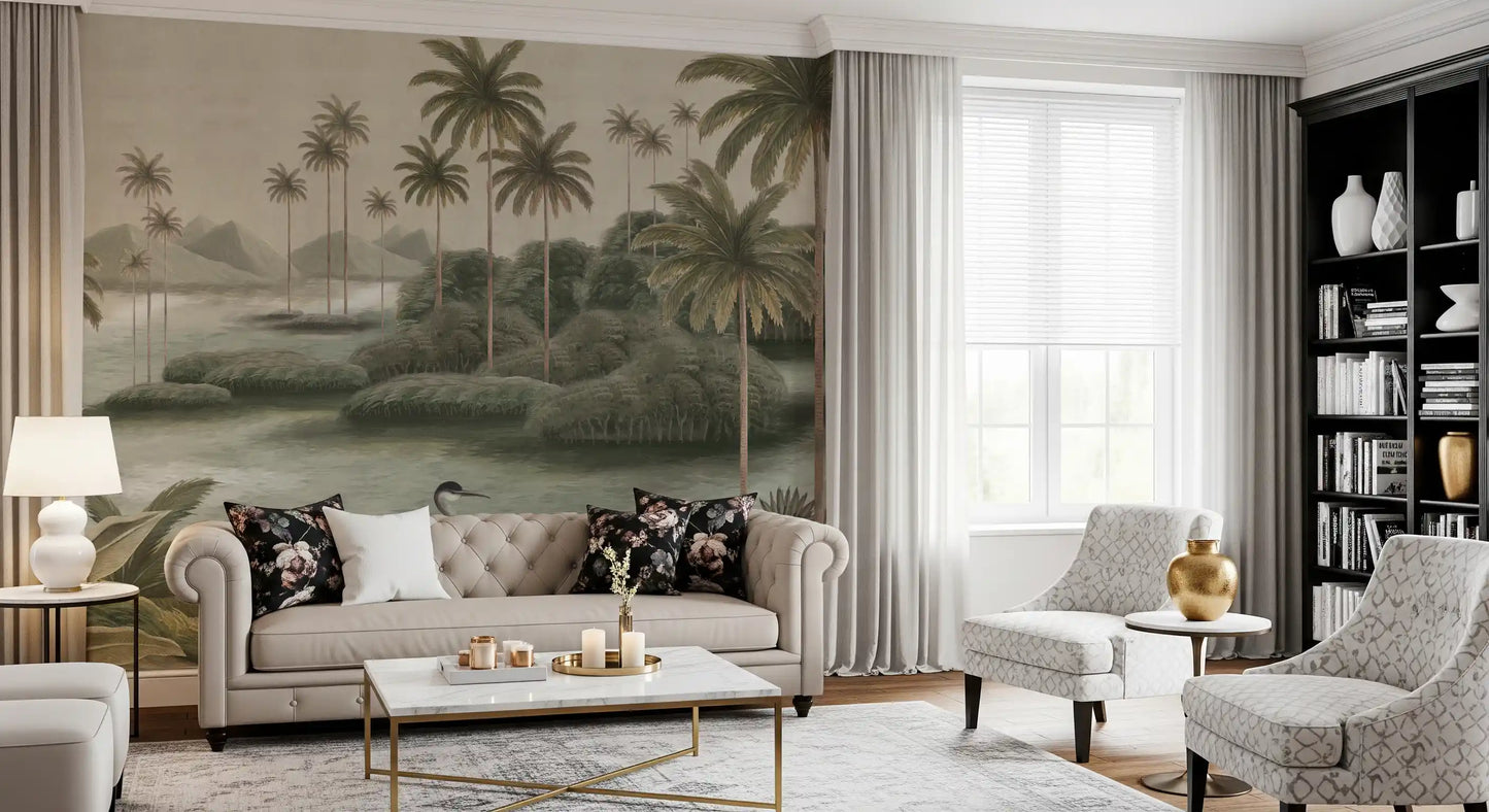 Vintage Chinoiserie Palm & Heron Wall Mural
