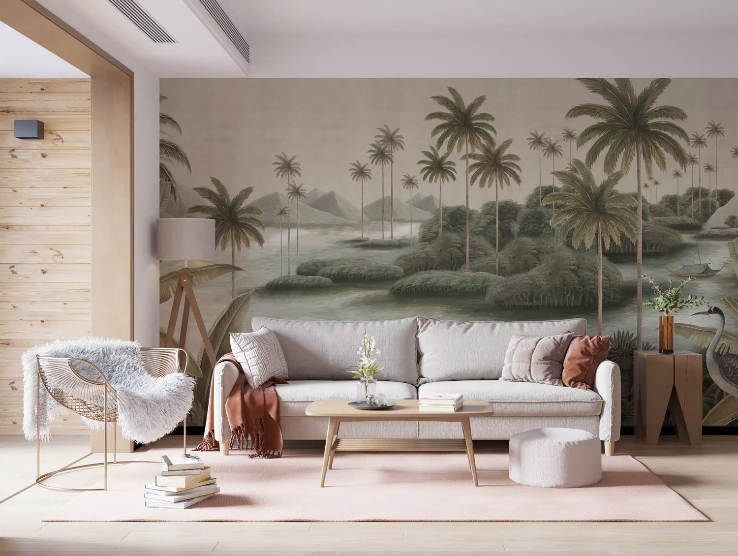 Vintage chinoiserie mural with palms, herons and a misty lagoon scene in living room GD10876
