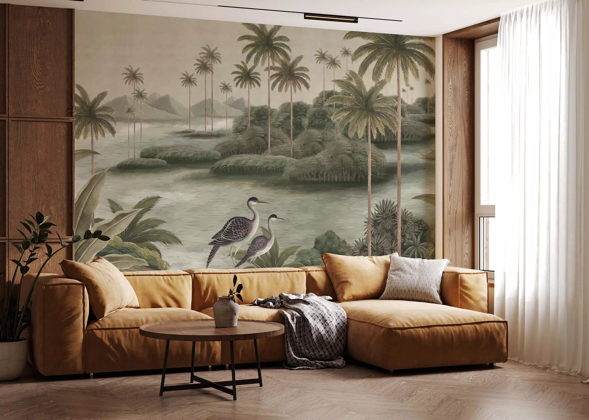 Vintage Chinoiserie Palm & Heron Wall Mural