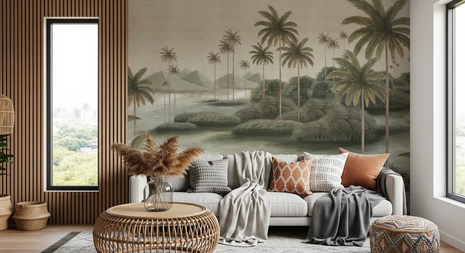 Vintage Chinoiserie Palm & Heron Wall Mural