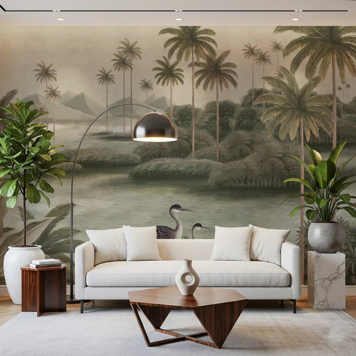 Vintage Chinoiserie Palm & Heron Wall Mural