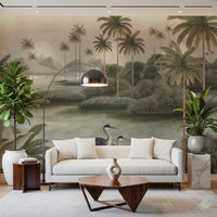 Vintage Chinoiserie Palm & Heron Wall Mural