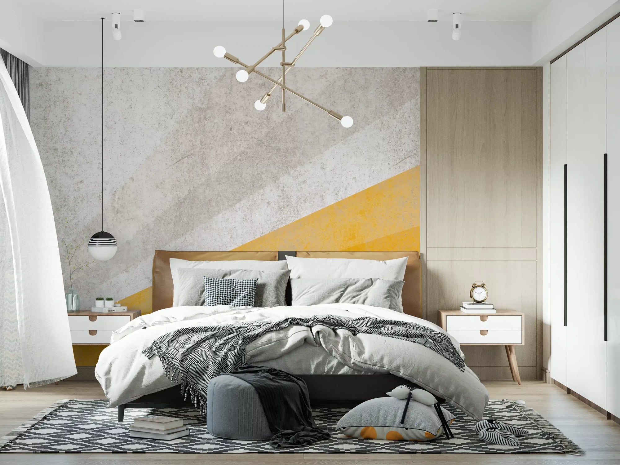 Modern wall mural with diagonal ochre and grey geometric planes in bedroom GD10881